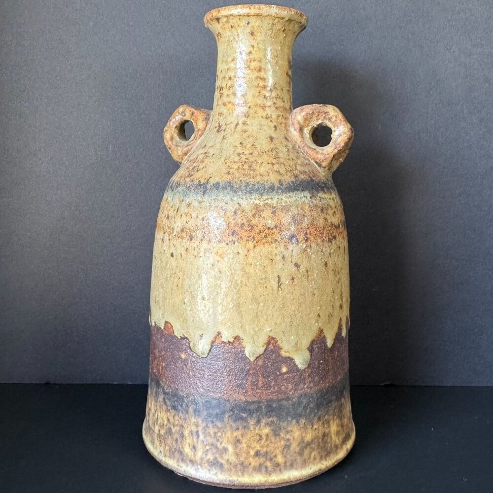 Handmade Rustic Ceramic Jug With Dual Handles & Earthy Drip Glaze Finish